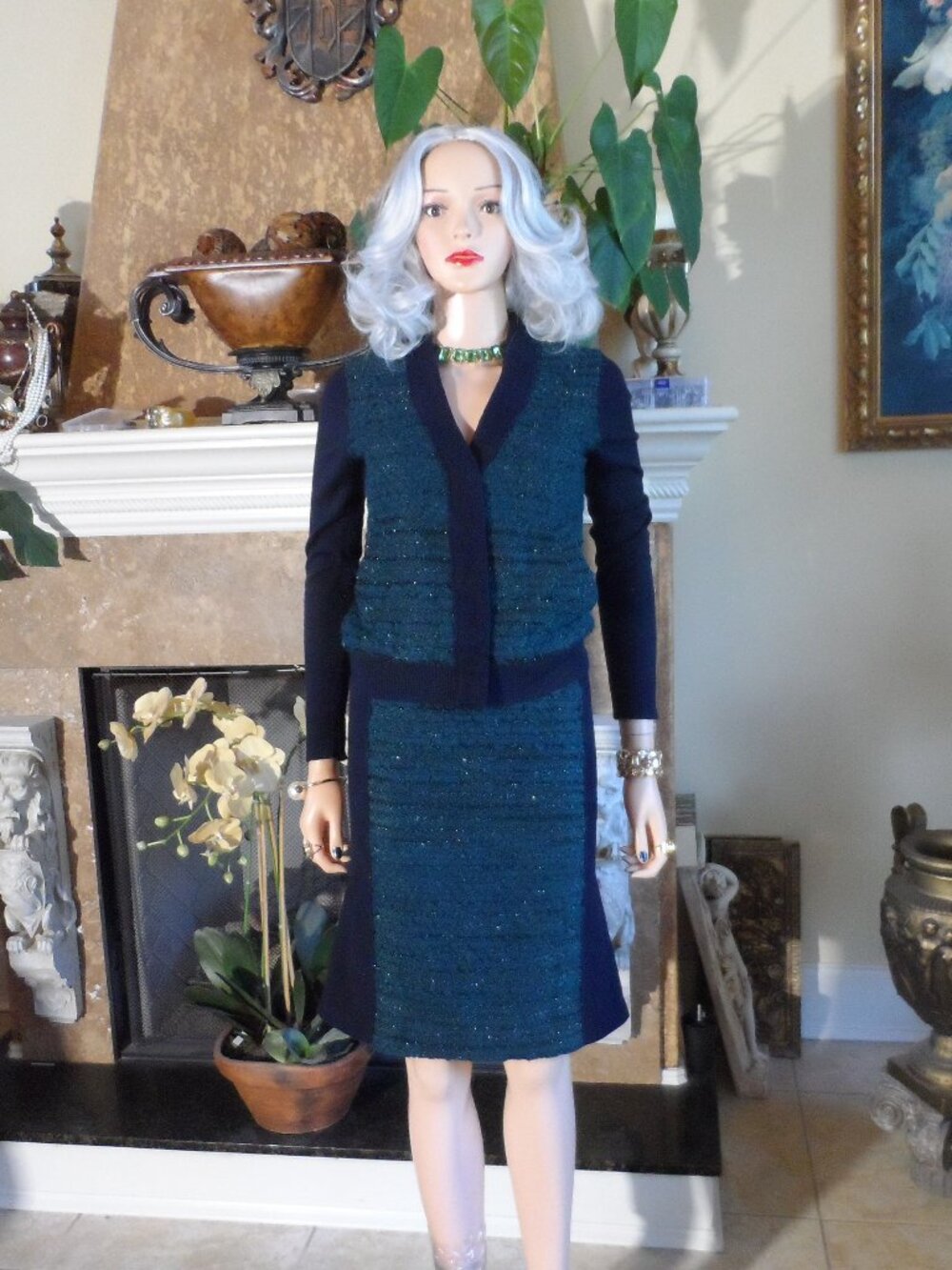 Tory Burch Black & Forest Green Tweed Knit Skirt Suit XS